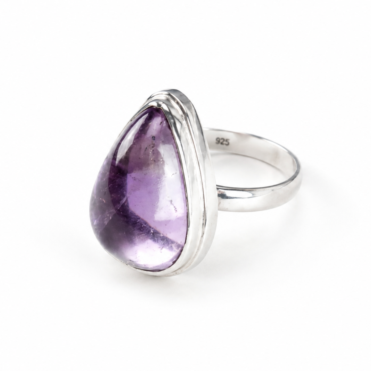 Clear purple Natural amethyst teardrop 925 Sterling Silver Ring Size 7.50