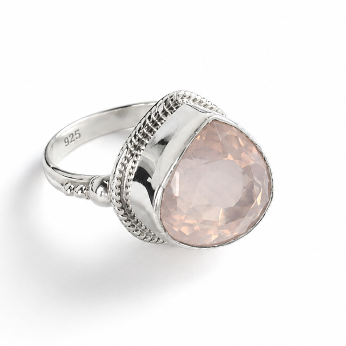 Clear pink Natural roce quartz triangle 925 Sterling Silver Ring Size 8.50