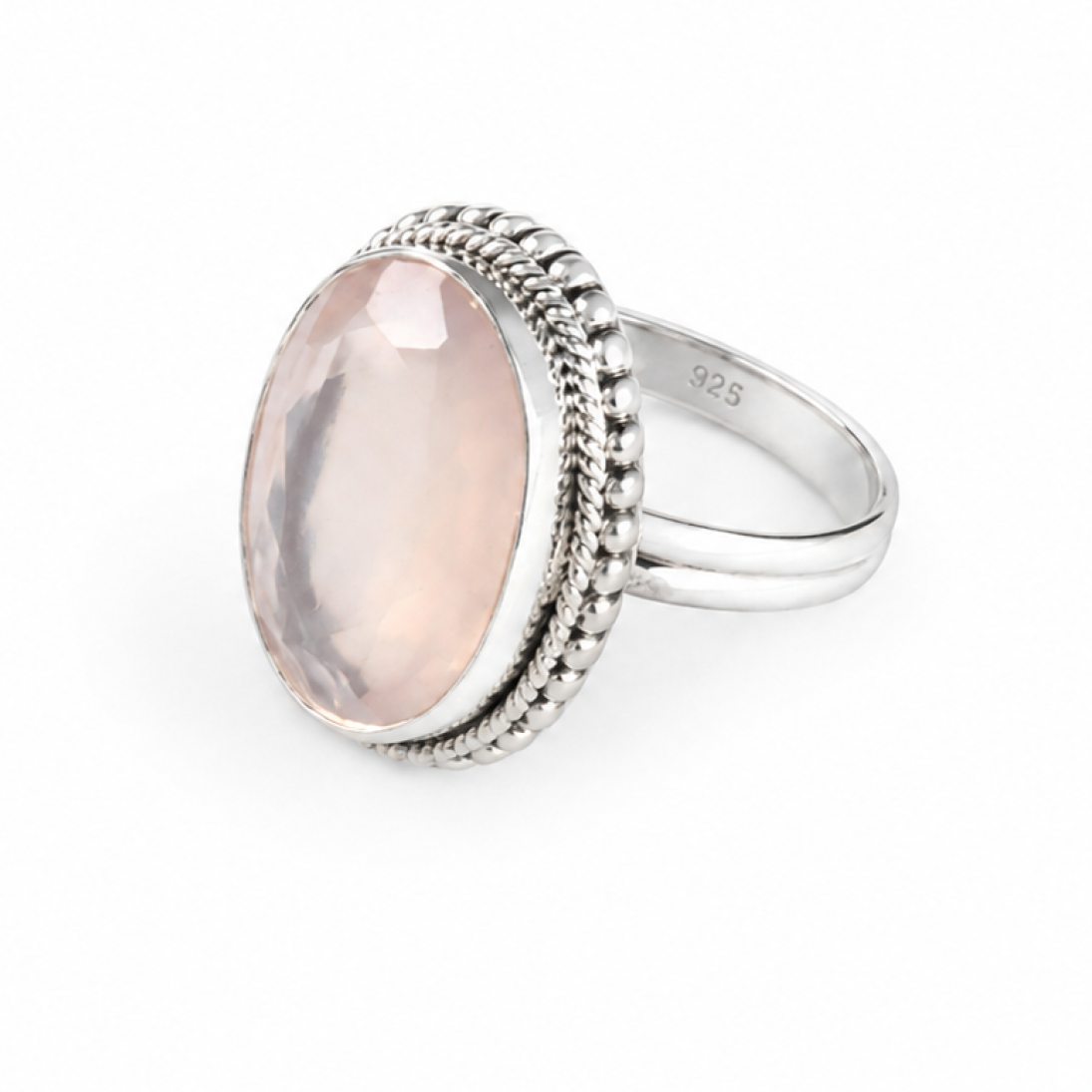 Clear pink Natural roce quartz oval 925 Sterling Silver Ring Size 8.50