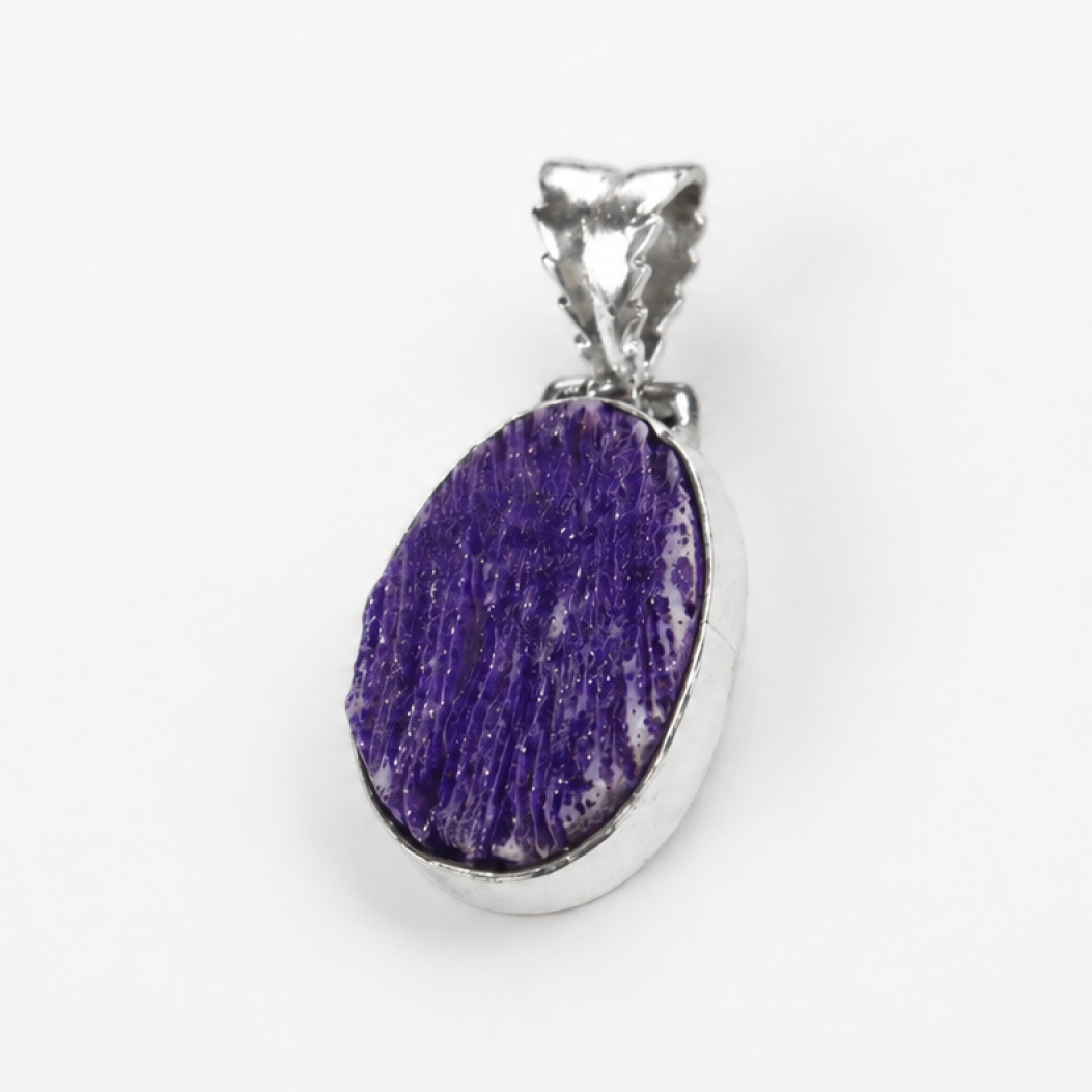 violet Purple Charoite oval 925 Sterling Silver Pendant 38 mm