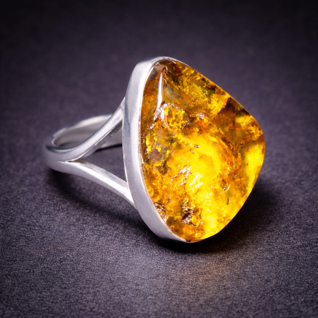 Impressive Natural Translucent Yellow Orange Amber .925 Sterling Silver Ring #7