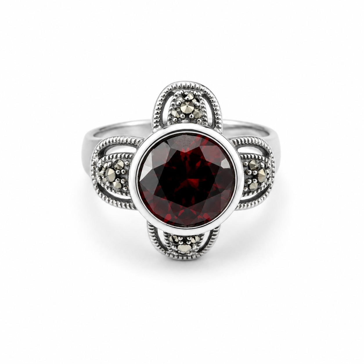 Fine Rare Red Garnet 925 Sterling Silver Round Ring US#7 1/4
