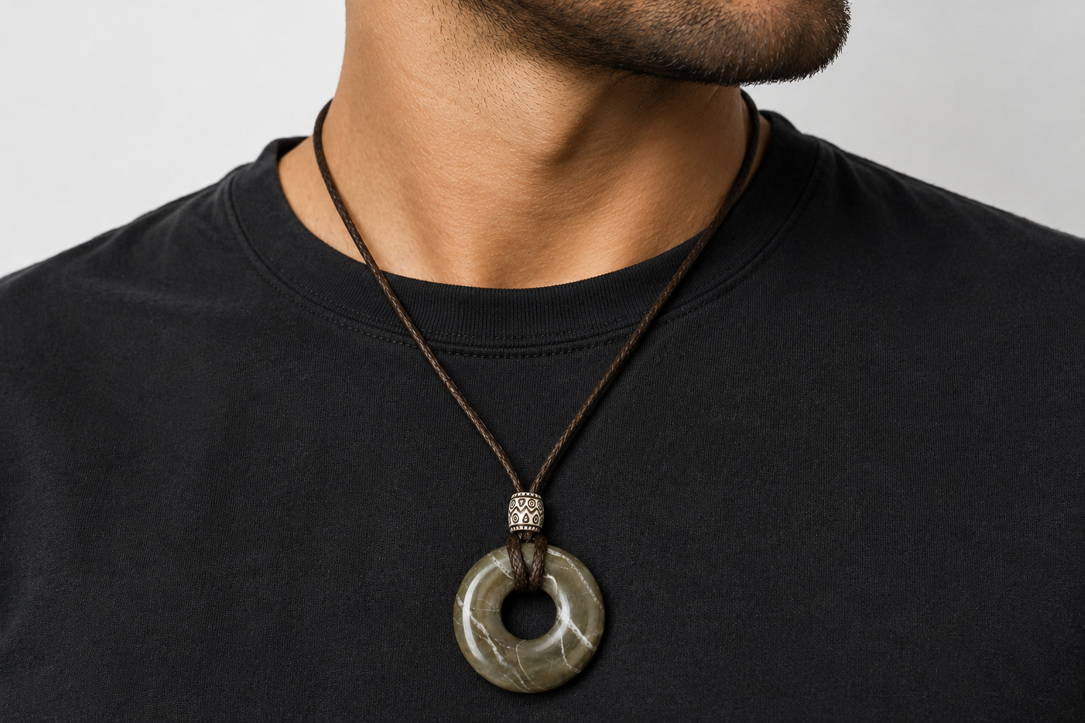 Finest Natural Brown New Doughnut Jade Necklace adjustable unisex men