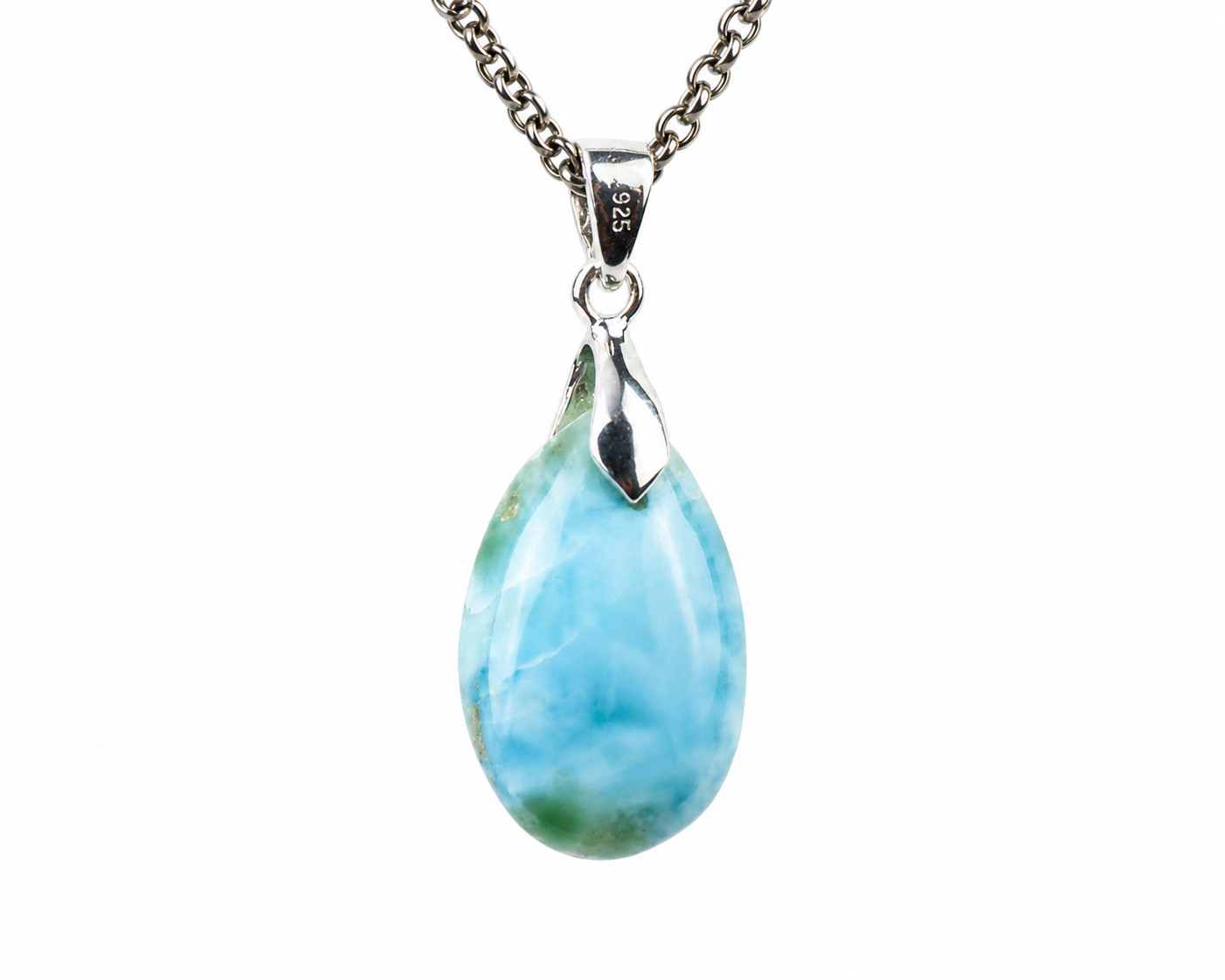 1.50 Inch Genuine Dominican Ocean Blue Blue Larimar Oval Pendant 925 Sterling
