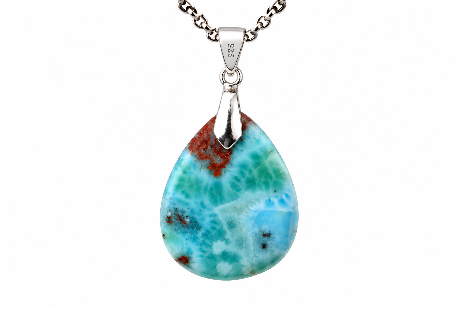 Charming Design Natural Ocean Blue Larimar .925 Sterling Silver Pendant 42mm
