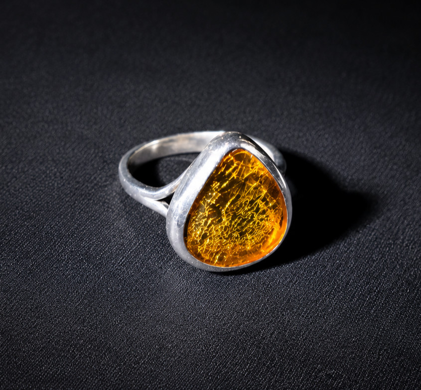 Fine Rare Yellow Amber 925 Sterling Silver Ring US#5.5  free resize