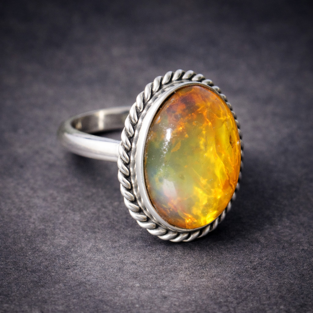 Exquisite Natural Clear Light Blue Amber .925 Sterling Silver Ring #7