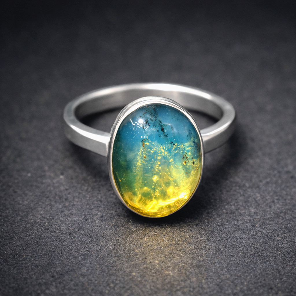 Exquisite Natural Clear Ocean Blue Amber .925 Sterling Silver Ring #6