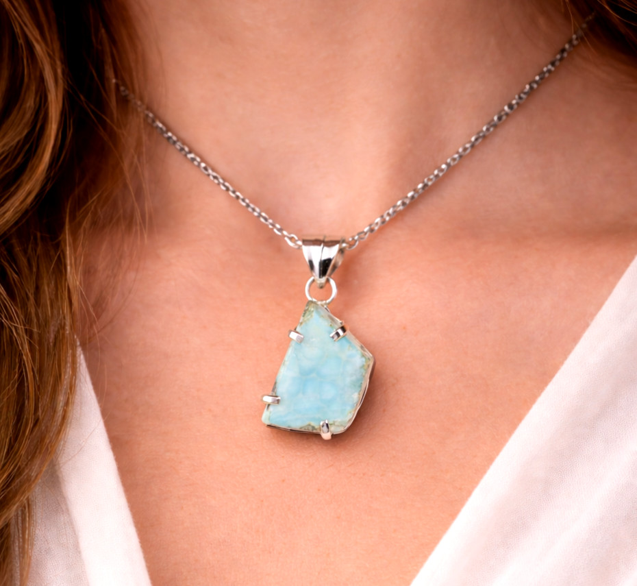 Natural Light Blue Larimar Slice .925 Sterling Silver Pendant 38mm