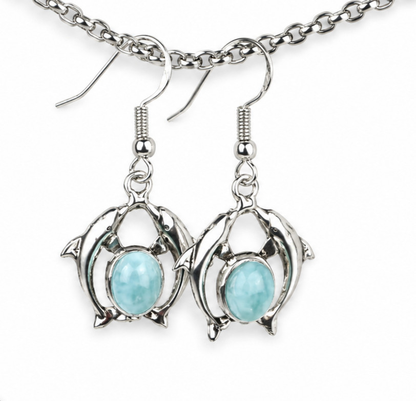 Beautiful Natural Light Blue Larimar .925 Sterling Silver Dolphin Earrings 40.0m
