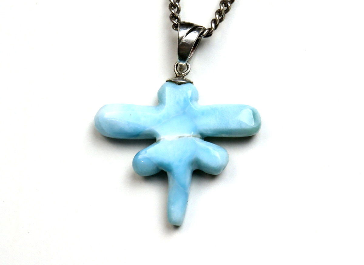 Exquisite 2inch Natural Sky Blue Larimar .925 Sterling Silver Dragonfly Pendant