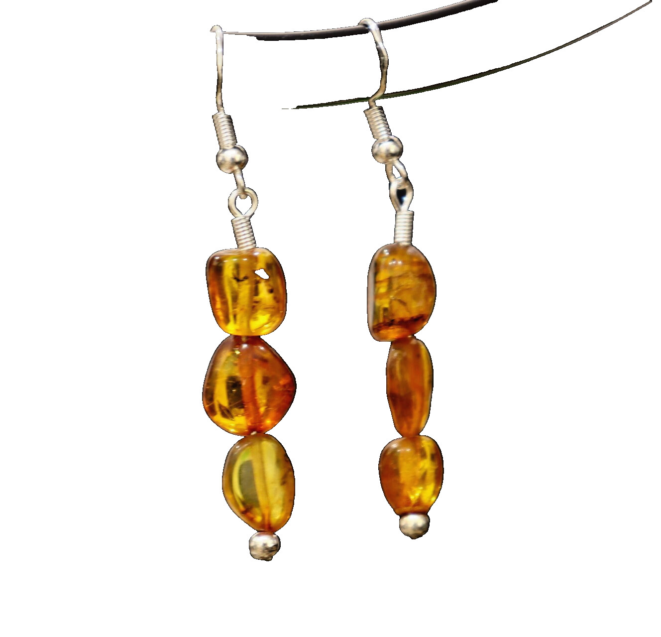 Charming Design Natural Clear Orange Yellow Amber  Silver Earrings 2 1/4inch