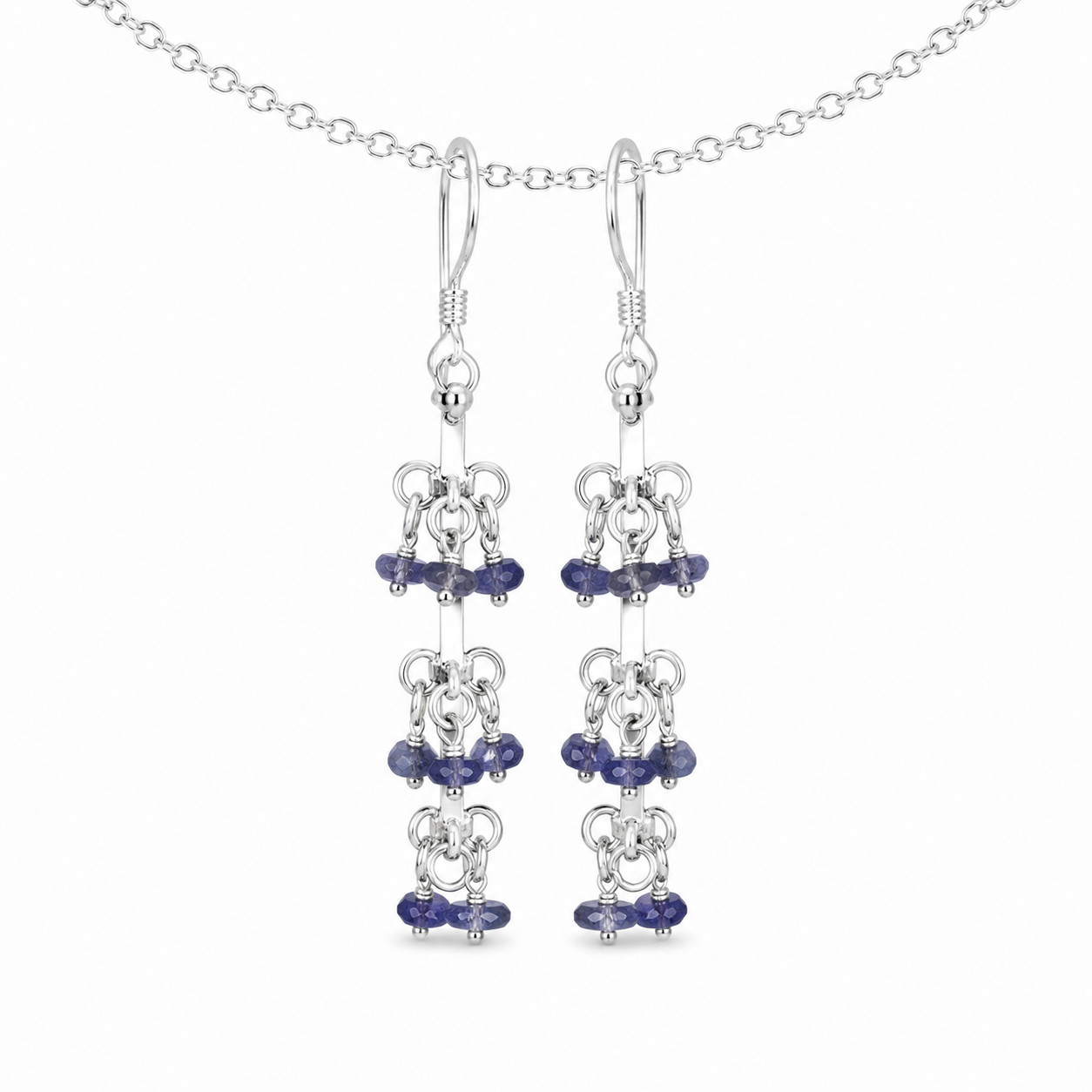 Gift Genuine Blue Violet Iolite 925 Sterling Silver Round Faceted Beads Earrings