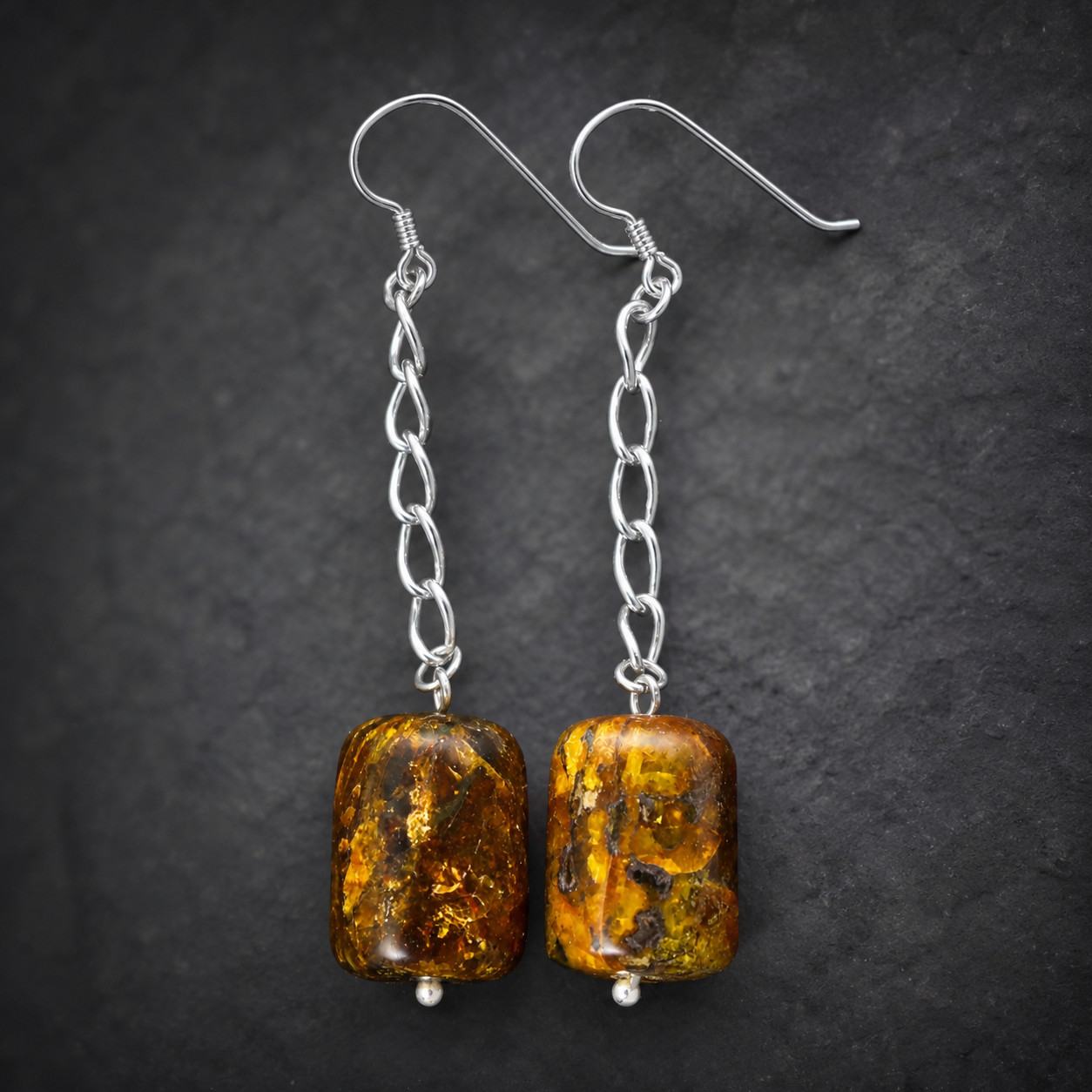 Charming 3inch Natural Transl. Orange Barrel Amber .925 Sterling Silver Earrings