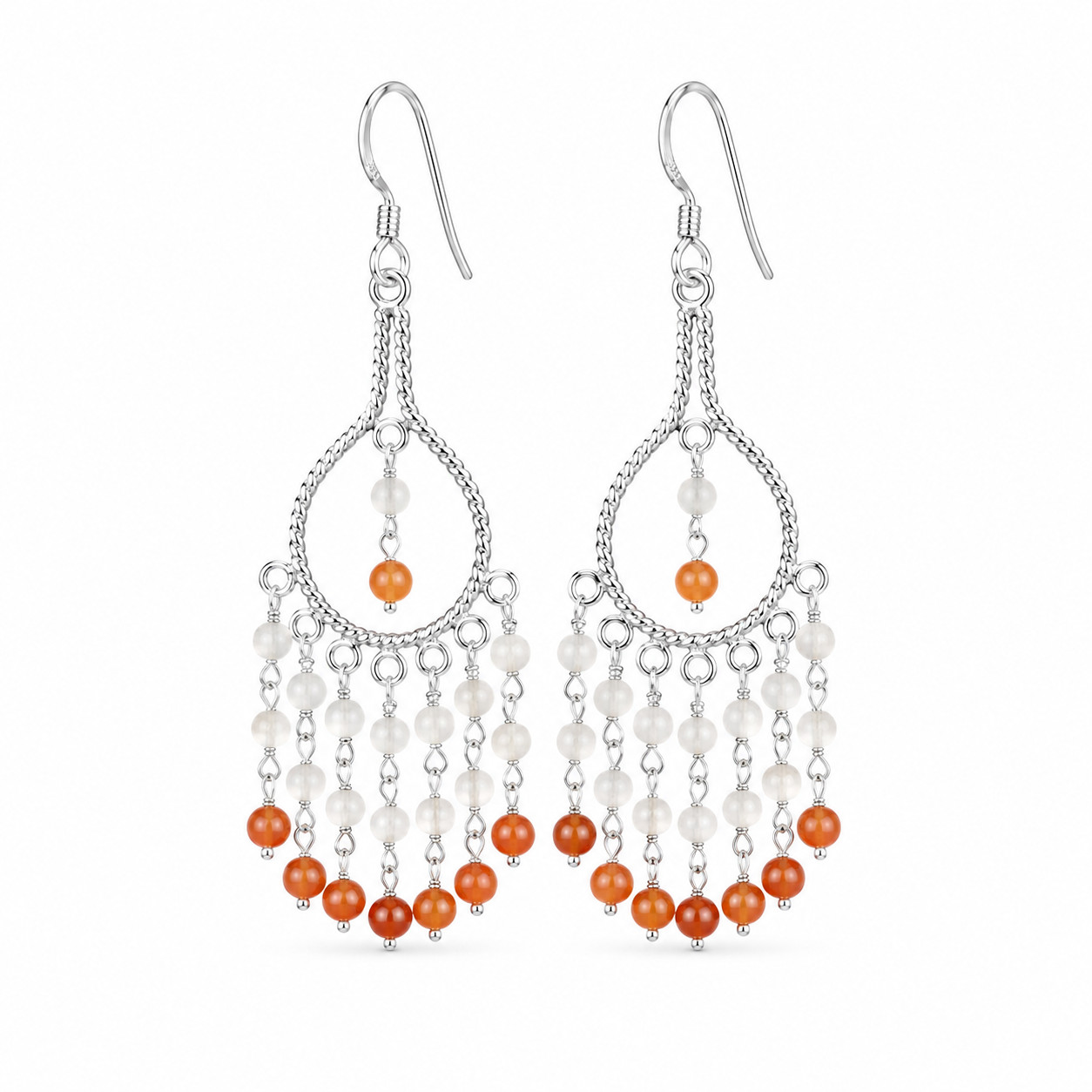 Elegant White Orange Moonstone & Carnelian 925 Sterling Silver Earrings 3 inch