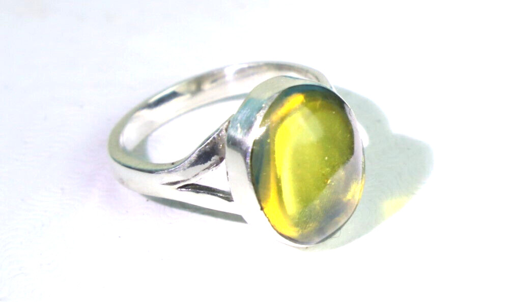 Exquisite Natural Clear Light Green Amber .925 Sterling Silver Ring #6
