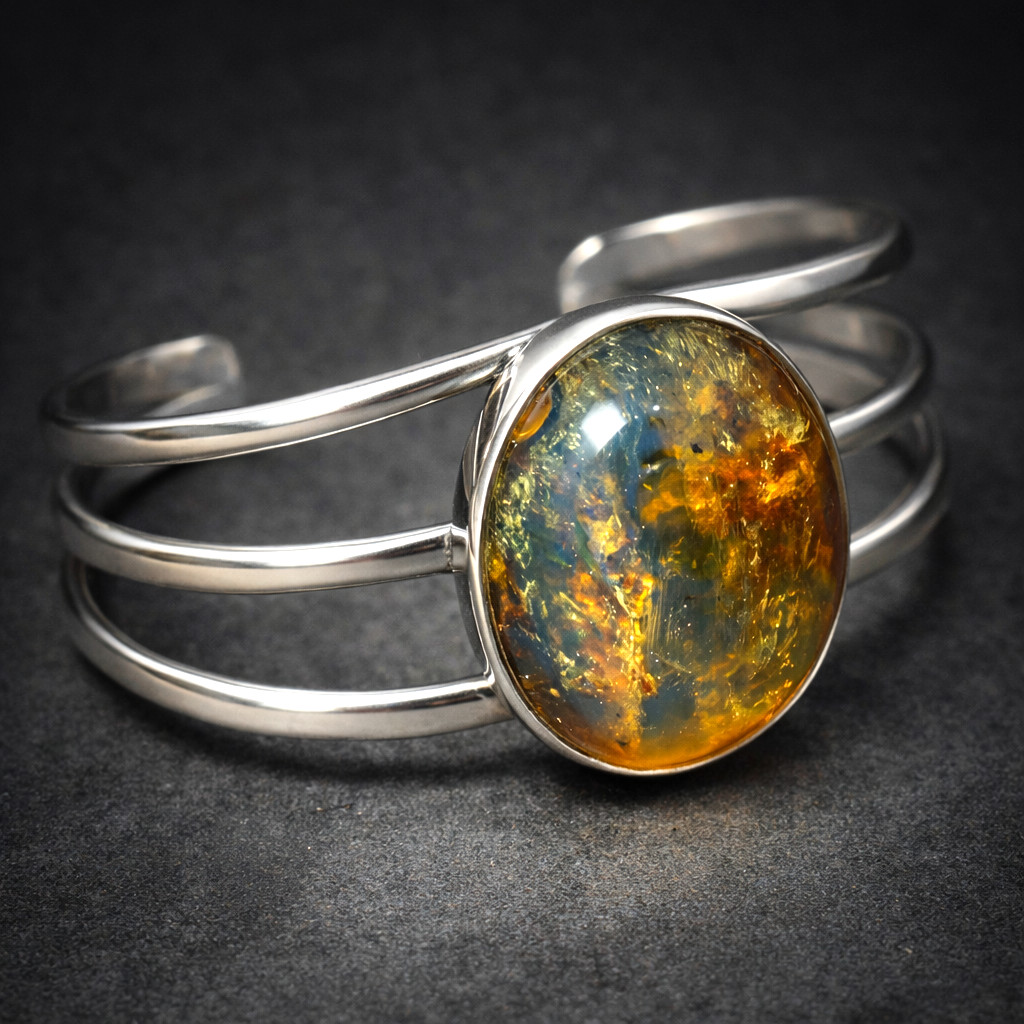 Hugh Natural Clear Green Blue Amber solid .925 Sterling Silver Cuff Bangle 7inch
