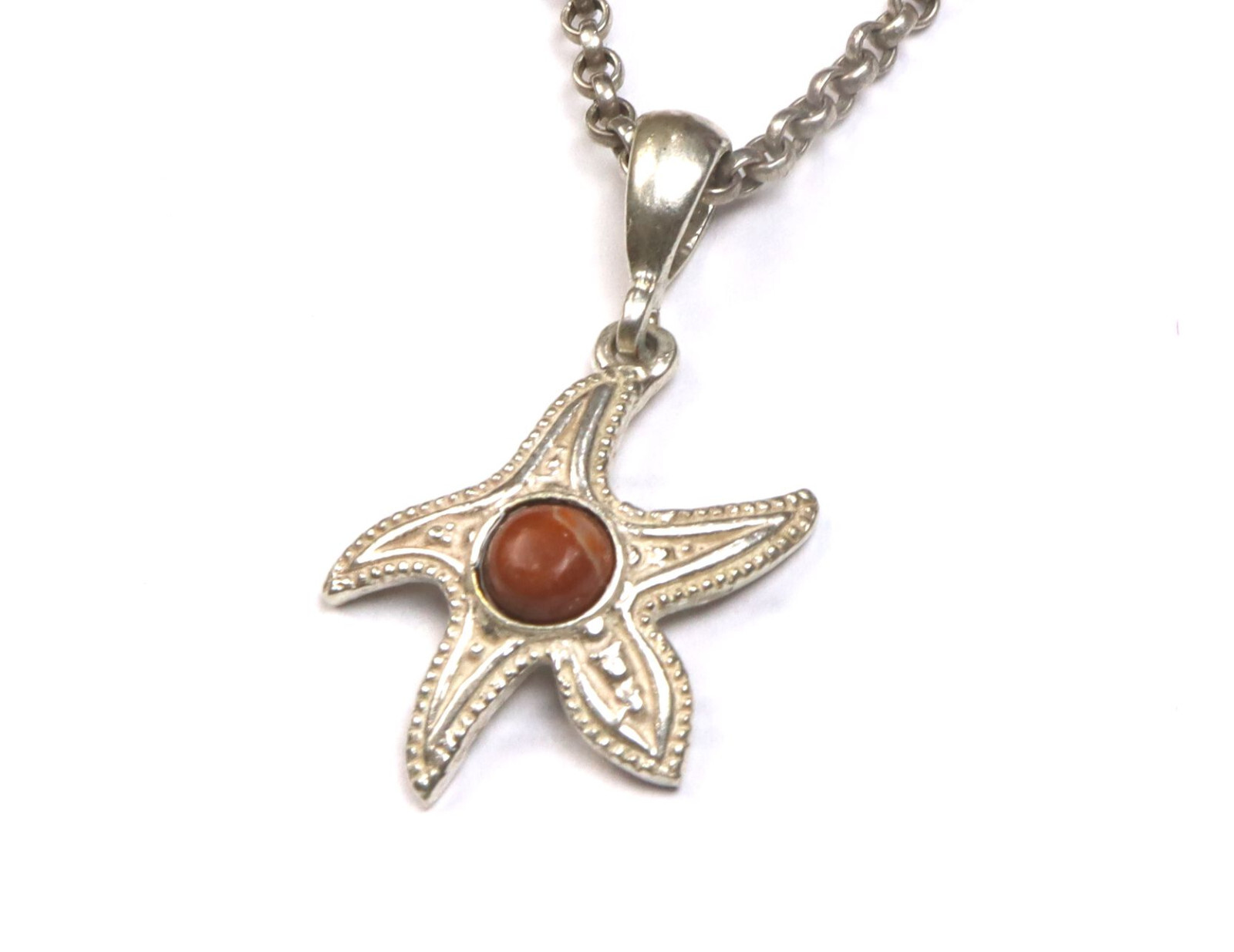 Beautiful Natural Red Jasper .925 Sterling Silver Sea Star Starfish Pendant 32mm