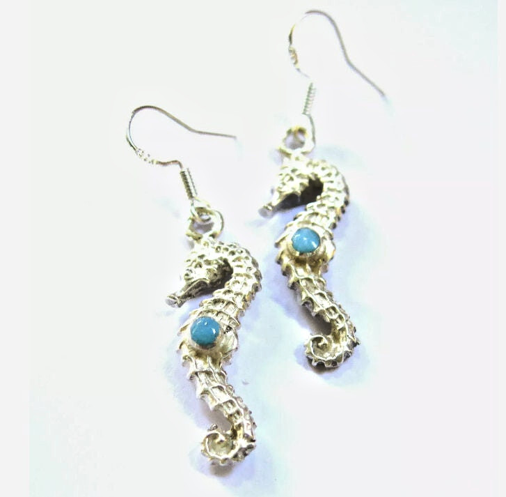 Beautiful Sky Blue Larimar .925 Sterling Silver Dangle Sea Horse Earrings 1.6 "