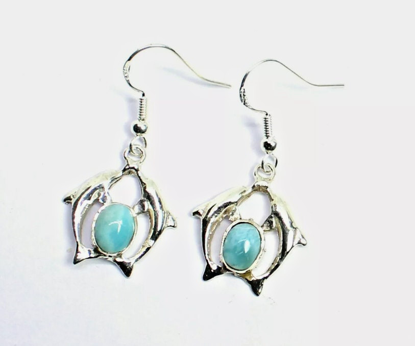Beautiful Sky Blue Larimar .925 Sterling Silver Dangle Dolphin Earrings 1.6 "