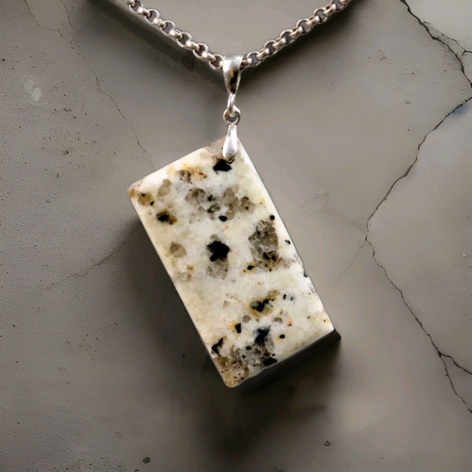 Exquisite Natural White Black Dalmatian Jasper .925 Sterling Silver Pendant 53mm