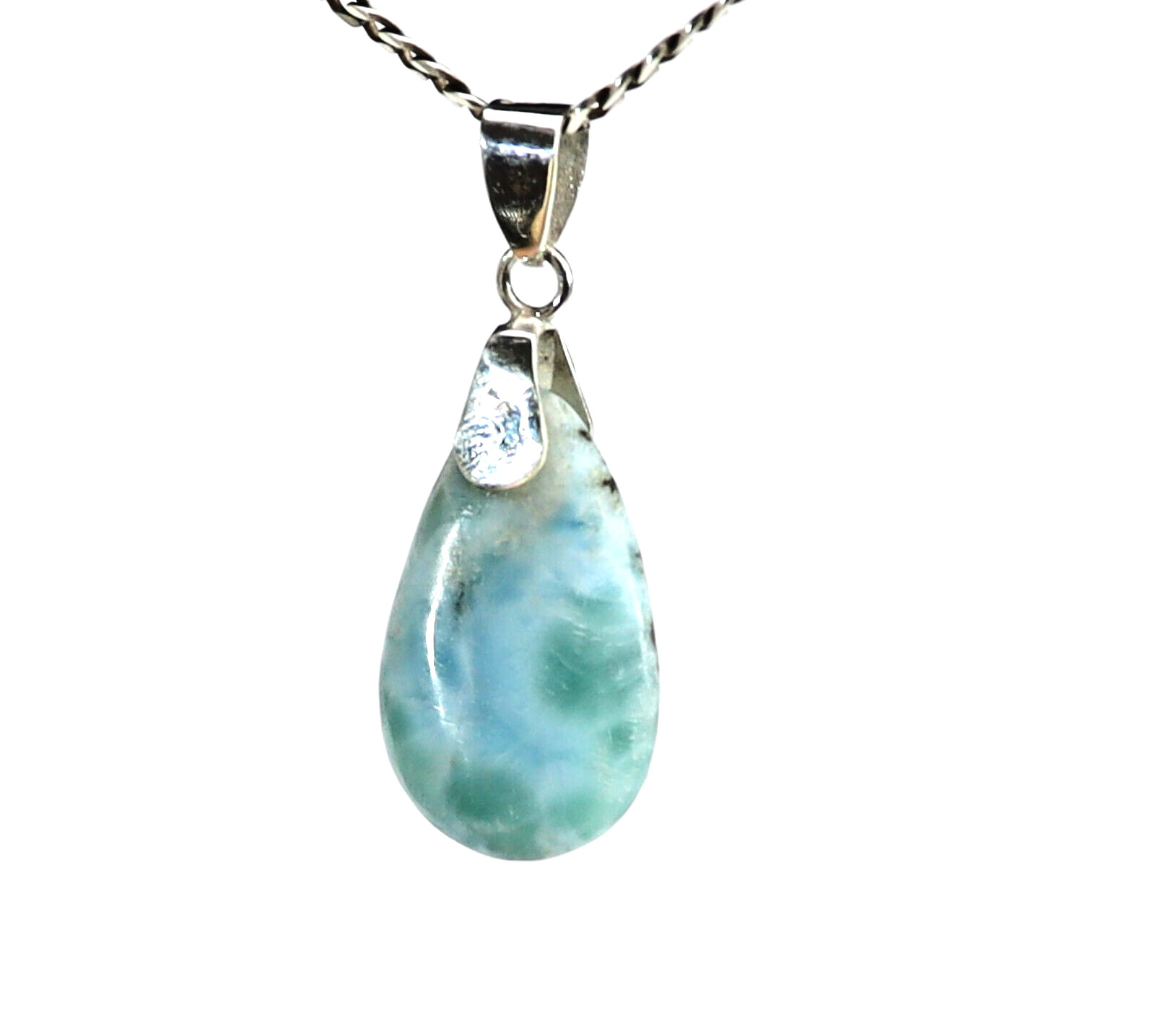 Charming Design Natural Green Blue Larimar .925 Sterling Silver Pendant 46mm