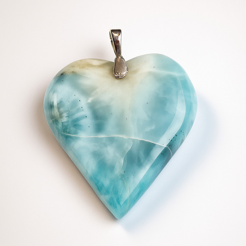 Impressive Natural Light Blue Larimar .925 Sterling Silver Heart Pendant 46mm
