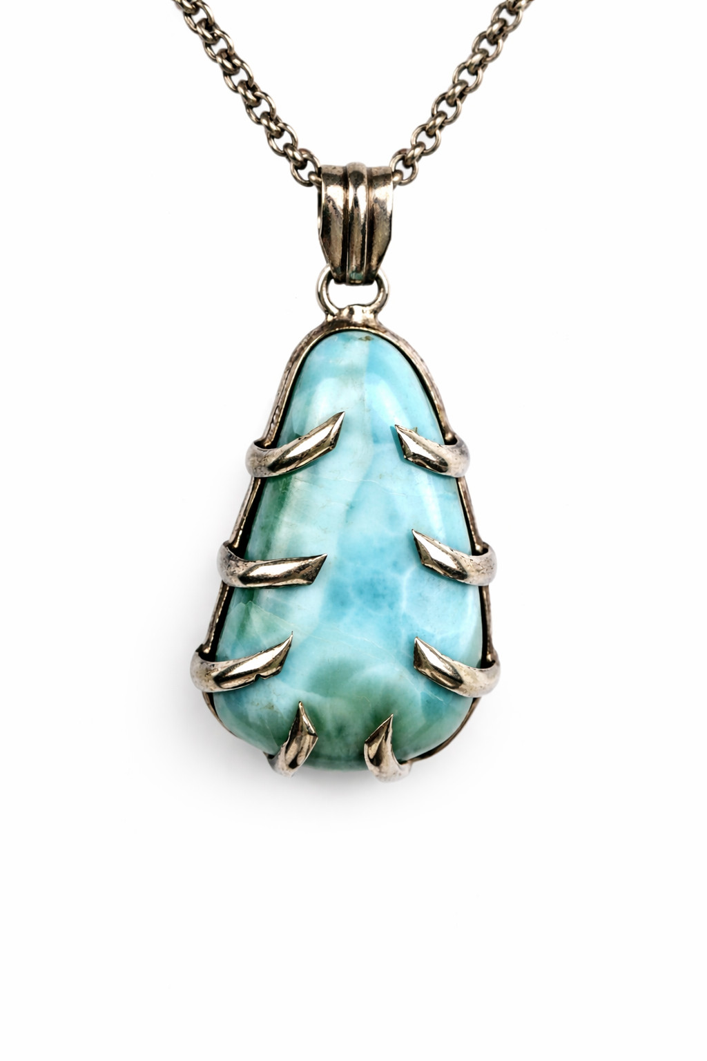 Charming Design Natural Green Blue Larimar .925 Sterling Silver Pendant 2.2 inch