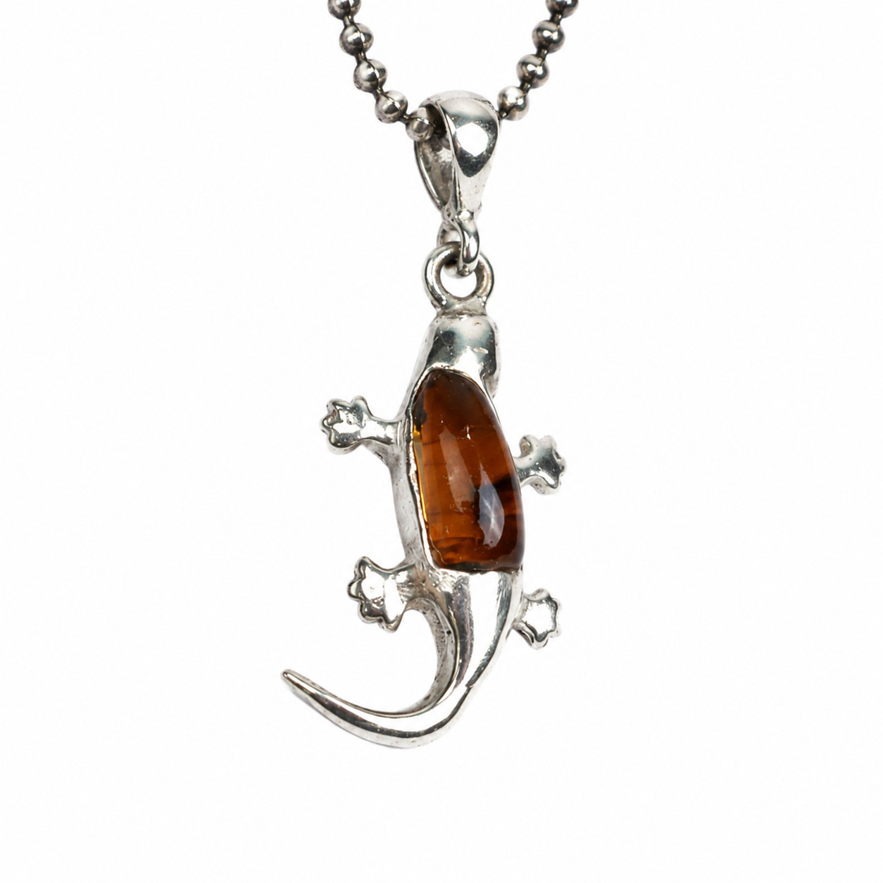 Natural Orange Red Amber .925 Sterling Silver Gecko Leguan Pendant 41mm