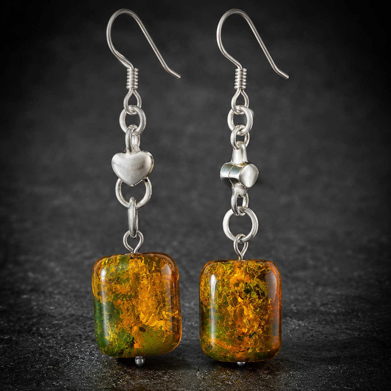 Impressive 2.5inch Natural Green Orange Amber .925 Sterling Silver Earrings