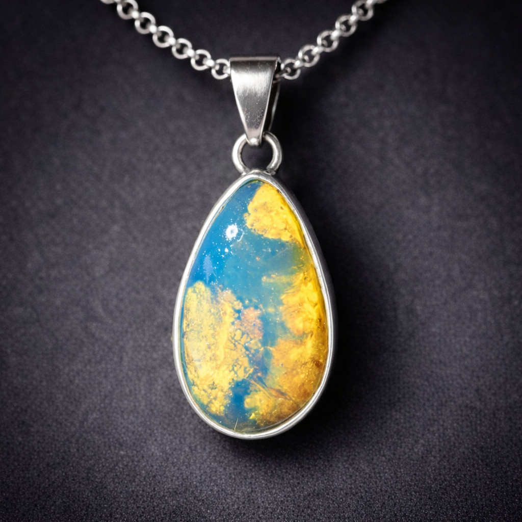 Lovely Natural Clear Sky Blue Amber .925 Sterling Silver Pendant 32mm