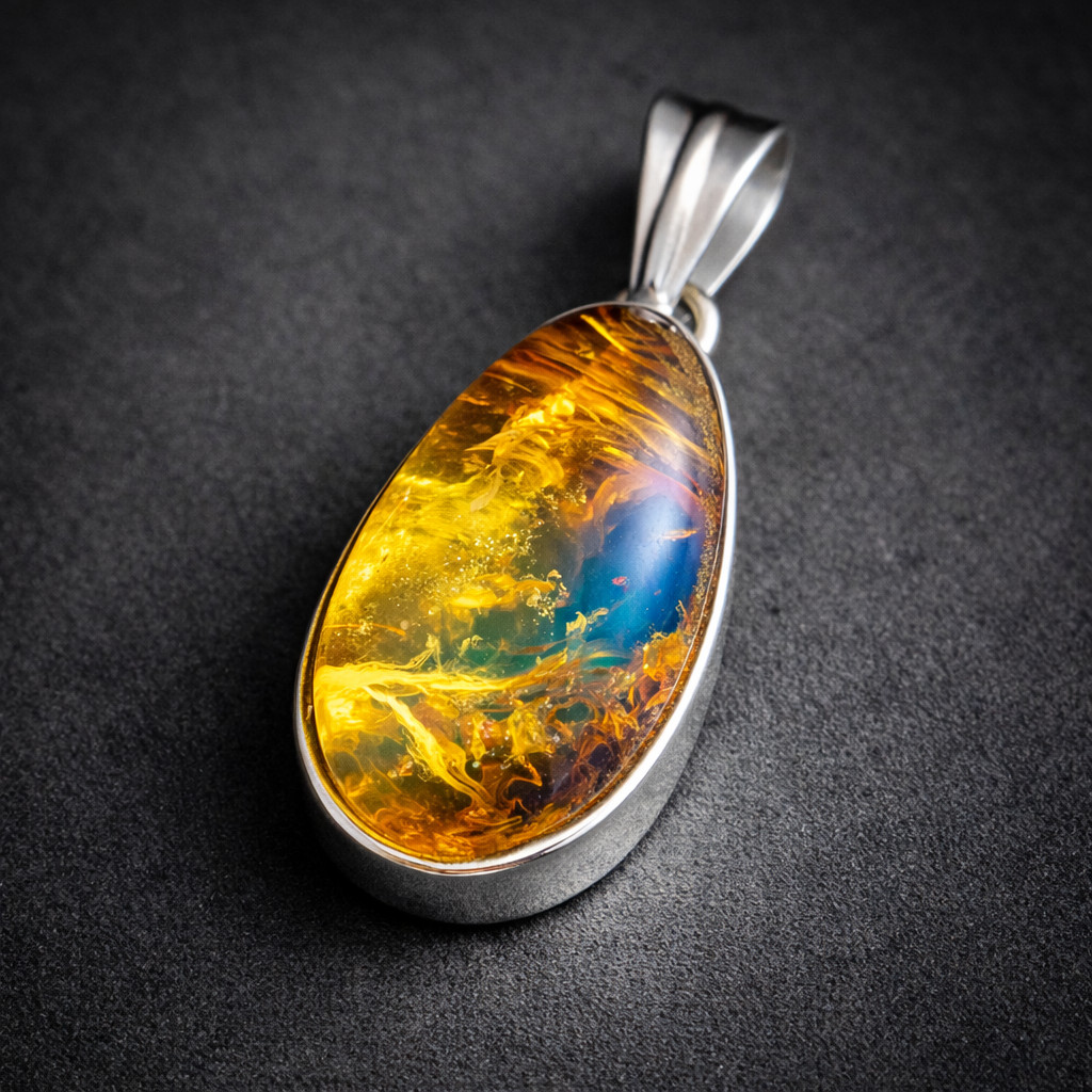 Excellent Natural Clear Green Blue Amber .925 Sterling Silver Pendant 35mm