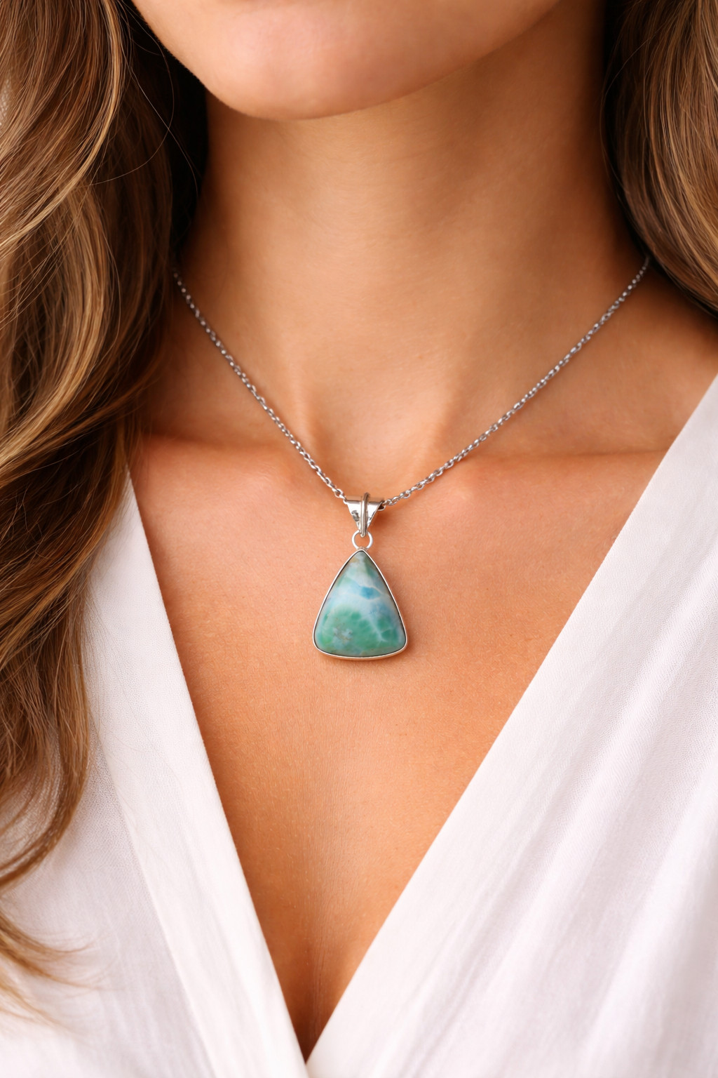 Excellent Natural Ocean Blue Triangular Larimar 925 Sterling Silver Pendant 34mm