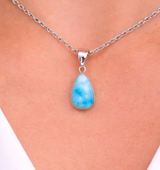 Impressive Natural Sky Blue Larimar .925 Sterling Silver Pendant 36mm