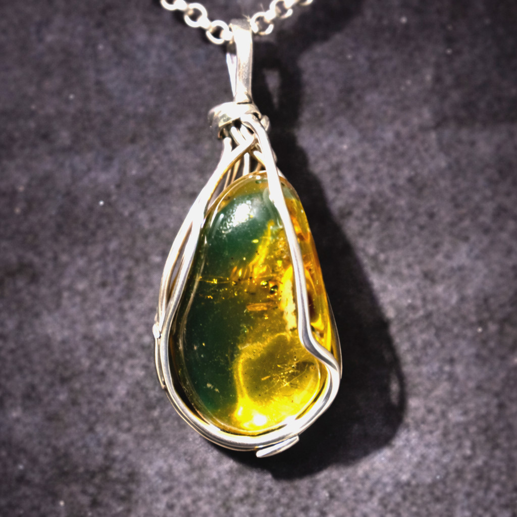 Handcrafted Natural Clear Light Green Amber .925 Sterling Silver Pendant 50mm