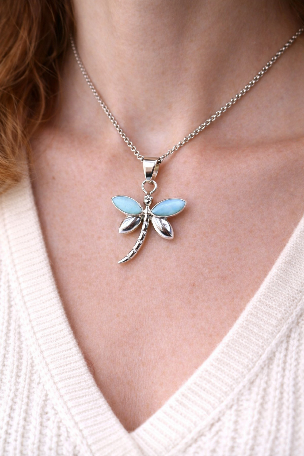 Natural Sky Blue Larimar .925 Sterling Silver Dragonfly Pendant 38mm